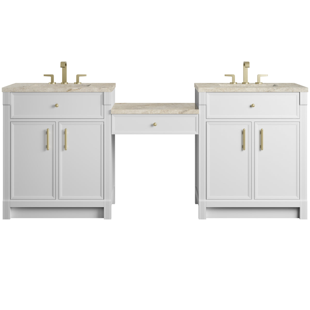 James Martin Vanities Bellshire 84" Bright White Dual Vanity Set With 3 cm Tajnar Eclos Top and 24" Make-Up Counter