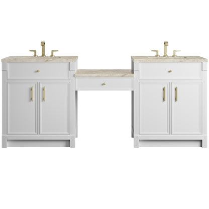 James Martin Vanities Bellshire 84" Bright White Dual Vanity Set With 3 cm Tajnar Eclos Top and 24" Make-Up Counter
