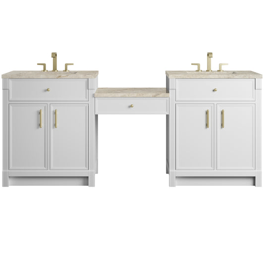 James Martin Vanities Bellshire 84" Bright White Dual Vanity Set With 3 cm Tajnar Eclos Top and 24" Make-Up Counter