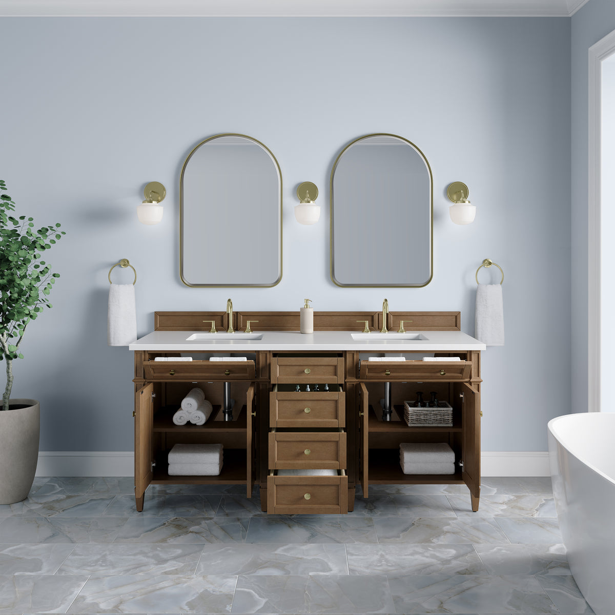 James Martin Vanities Brittany 72" Pecan Double Vanity With 3 CM White Zeus Silestone Top