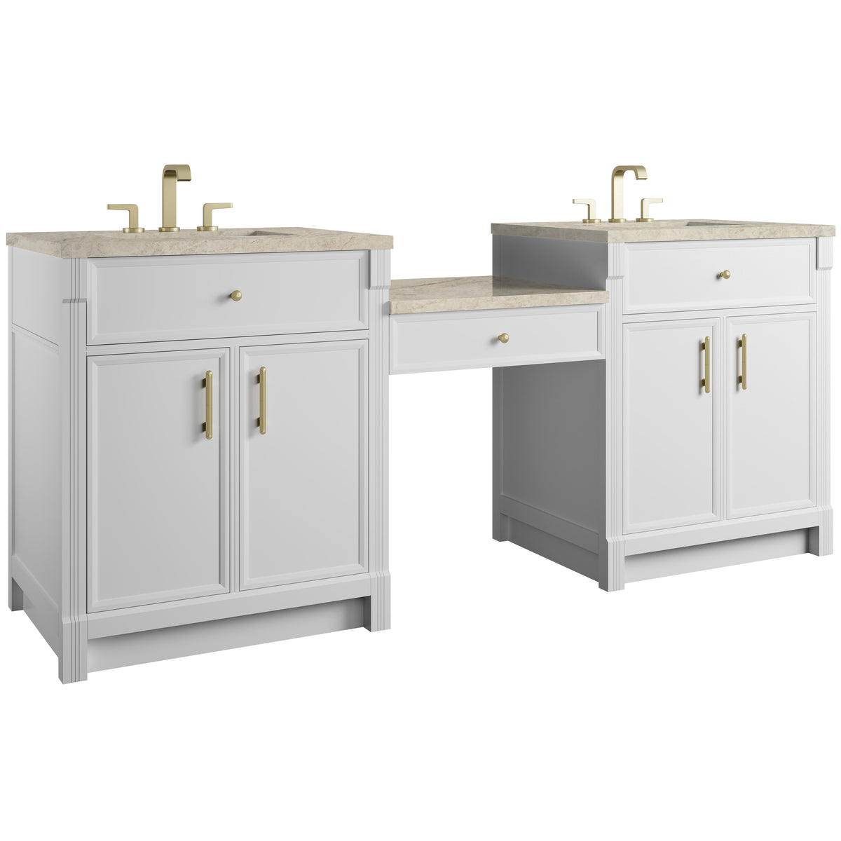 James Martin Vanities Bellshire 84" Bright White Dual Vanity Set With 3 cm Tajnar Eclos Top and 24" Make-Up Counter