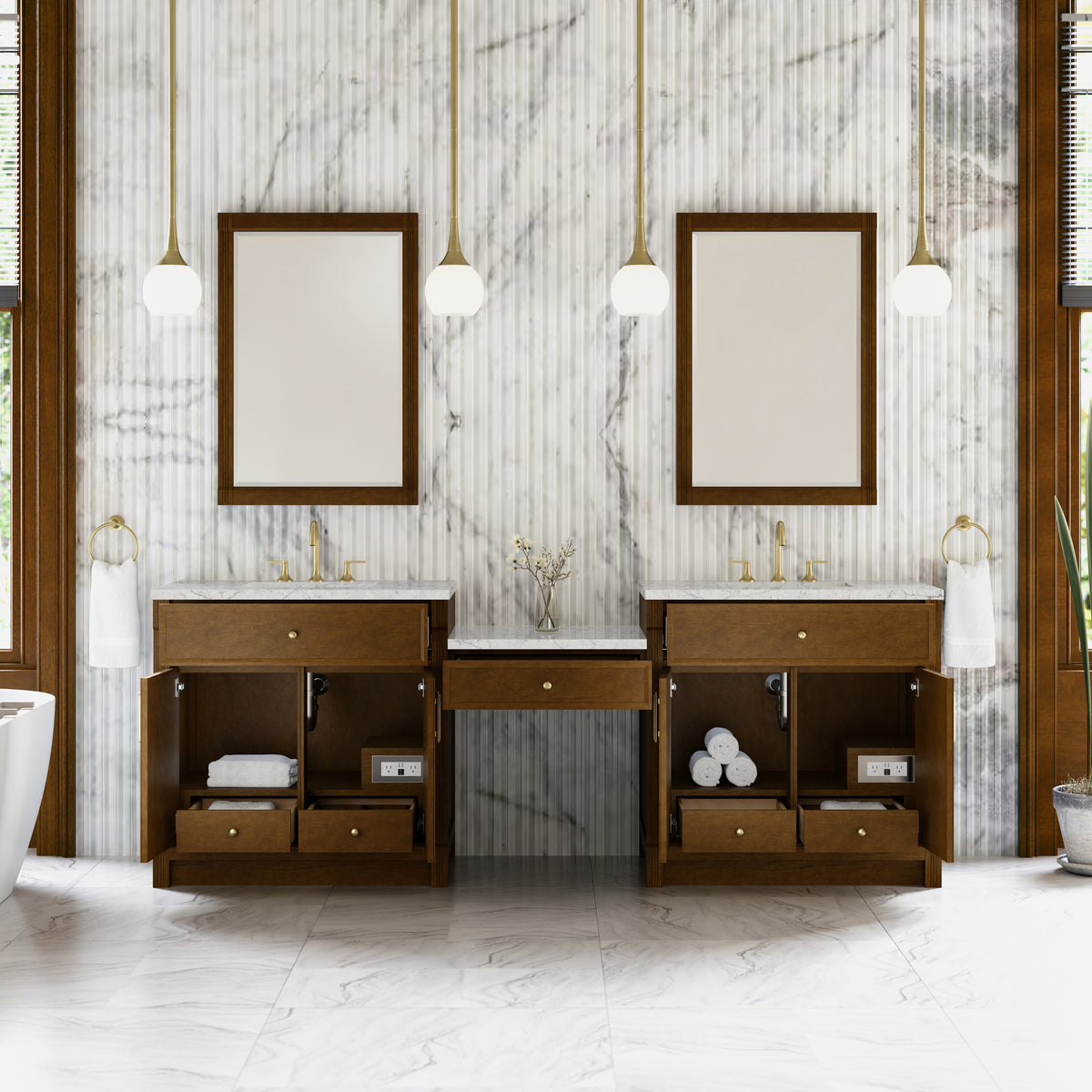 James Martin Vanities Bellshire 96" Honey Oak Dual Vanity Set With 3 cm Eternal Jasmine Pearl Silestone Top and 24" Make-Up Counter