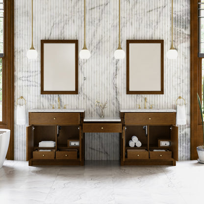 James Martin Vanities Bellshire 96" Honey Oak Dual Vanity Set With 3 cm Eternal Jasmine Pearl Silestone Top and 24" Make-Up Counter