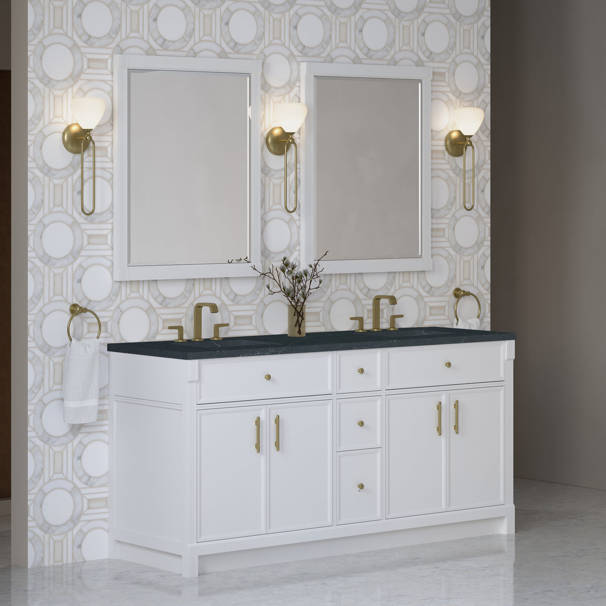 James Martin Vanities Bellshire 72" Bright White Double Vanity With 3 CM Charcoal Soapstone Silestone Top