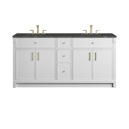 James Martin Vanities Bellshire 72" Bright White Double Vanity With 3 CM Parisien Bleu Silestone Top