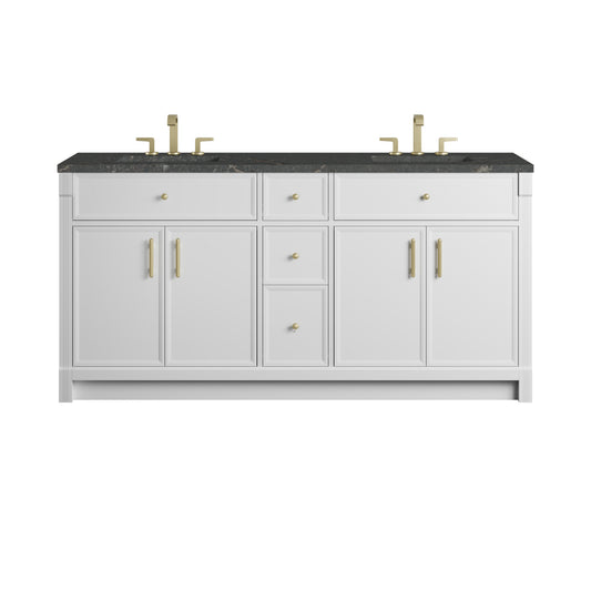 James Martin Vanities Bellshire 72" Bright White Double Vanity With 3 CM Parisien Bleu Silestone Top