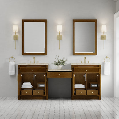 James Martin Vanities Bellshire 84" Honey Oak Dual Vanity Set With 3 cm Tajnar Eclos Top and 24" Make-Up Counter