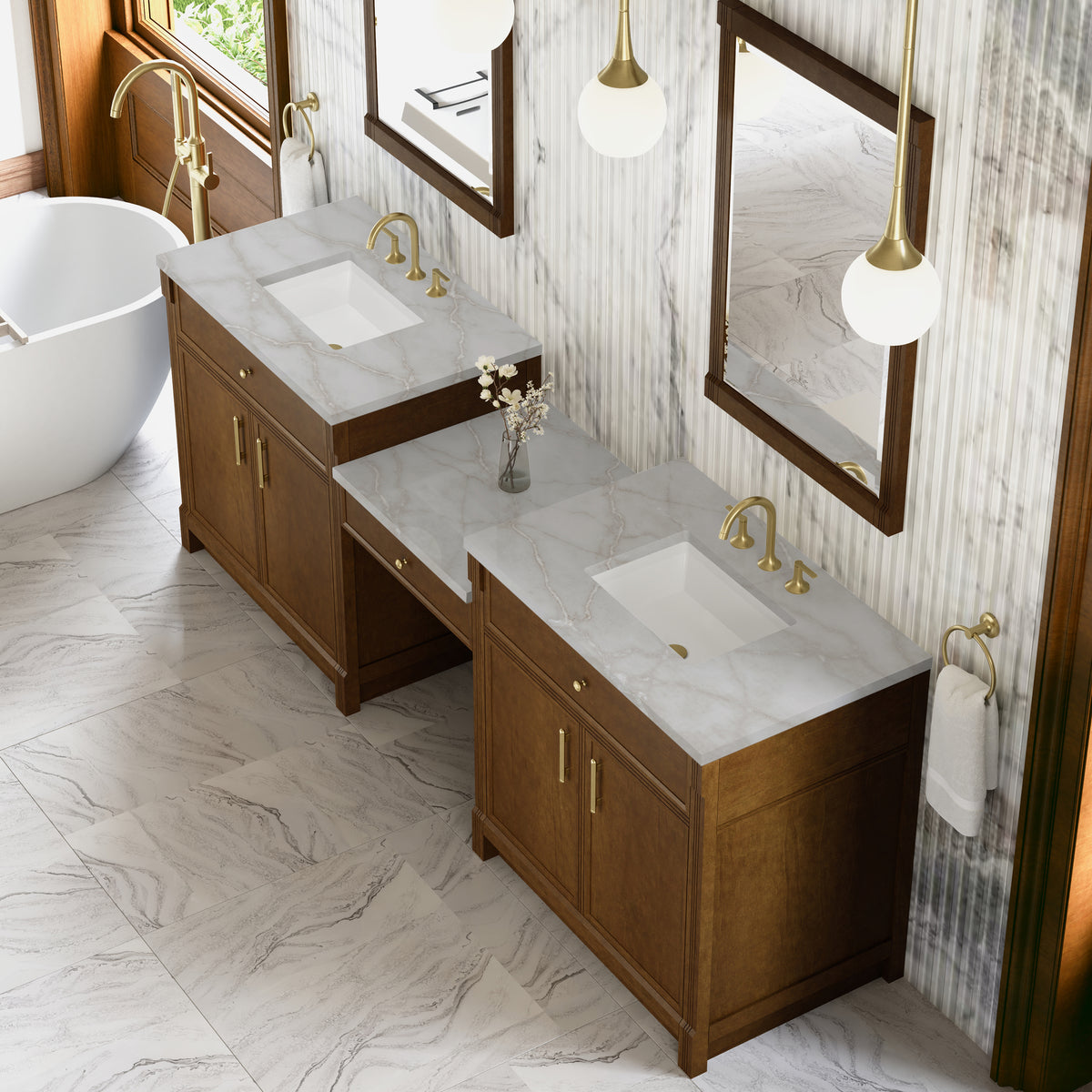 James Martin Vanities Bellshire 96" Honey Oak Dual Vanity Set With 3 cm Victorian Silver Silestone Top and 24" Make-Up Counter