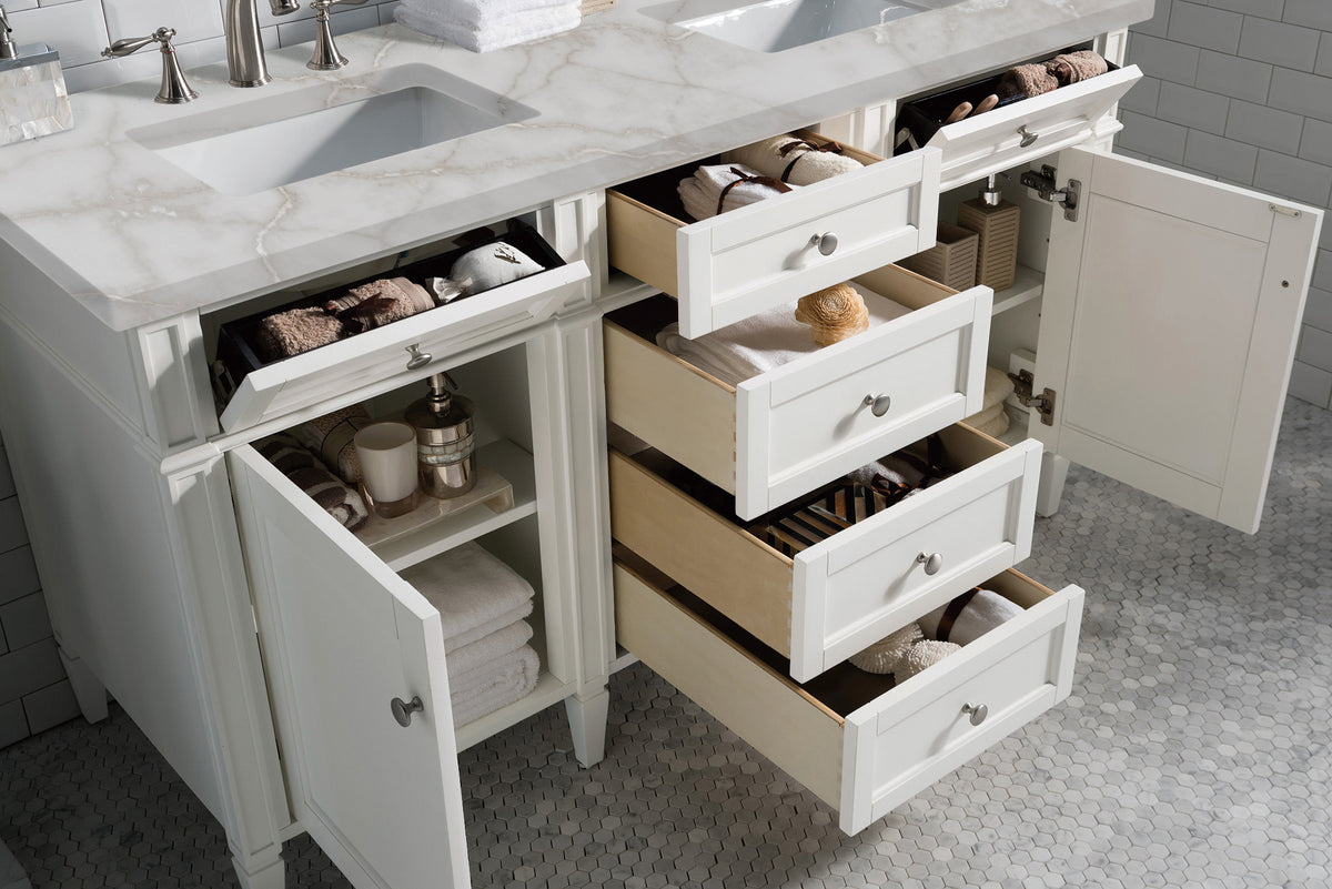 James Martin Vanities Brittany 60" Bright White Vanity Double Vanity With 3 CM Victorian Silver Silestone Top and FreePower Wireless Charger