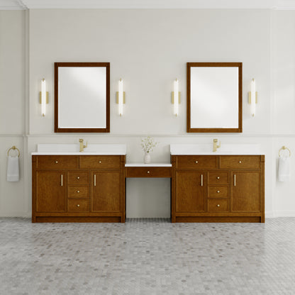 James Martin Vanities Bellshire 120" Honey Oak Dual Vanity Set WithSingle Hole 3 cm White Zeus Silestone Top & Backsplash and 24" Make-Up Counter