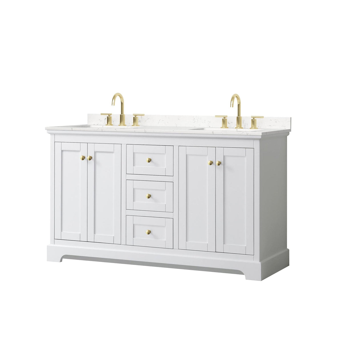 Wyndham Collection Avery 60" Double Bathroom Vanity in White, Carrara Cultured Marble Countertop, Undermount Square Sinks (3-Hole), Brushed Gold Trim