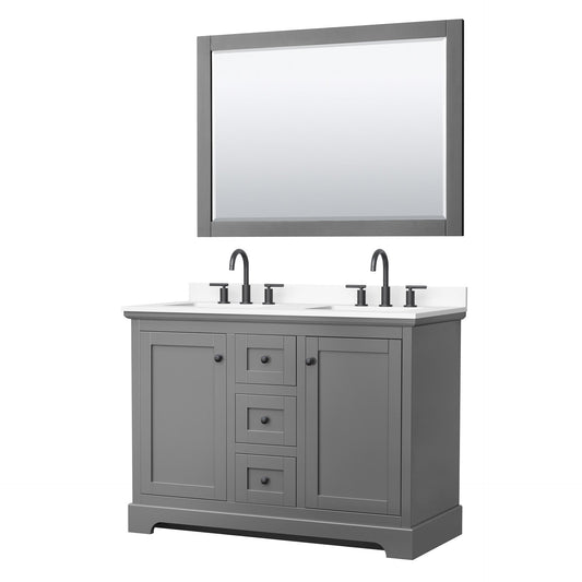 Wyndham Collection Avery 48" Double Bathroom Vanity in Dark Gray, White Cultured Marble Countertop, Undermount Square Sinks (3-Hole), Matte Black Trim and 46" Mirror