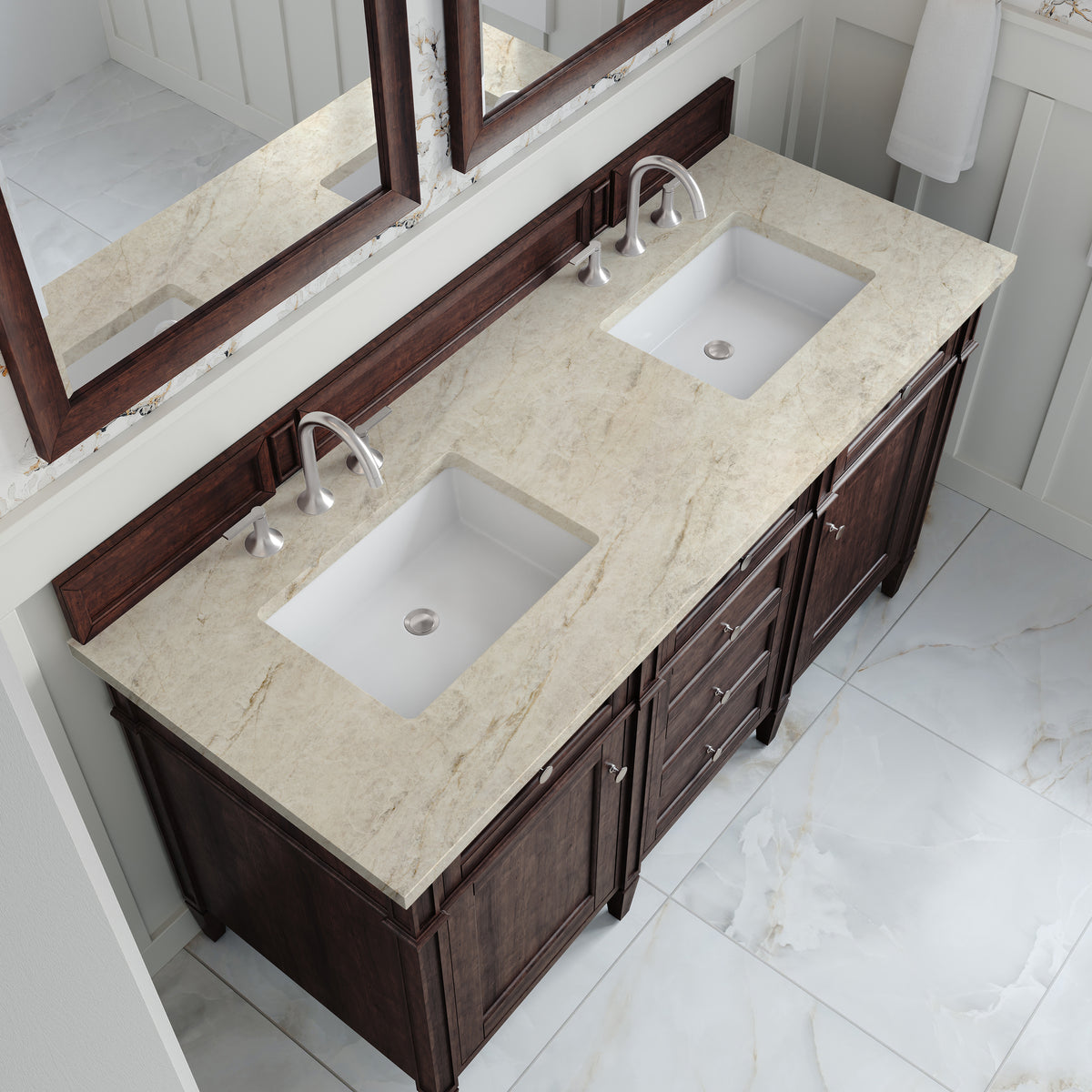 James Martin Vanities Brittany 60" Burnished Mahogany Double Vanity With 3 CM Tajnar Eclos Top