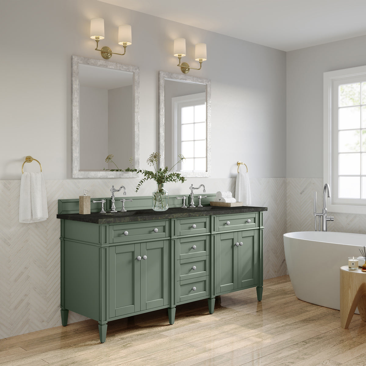 James Martin Vanities Brittany 72" Smokey Celadon Double Vanity With 3 CM Phantome Eclos Top