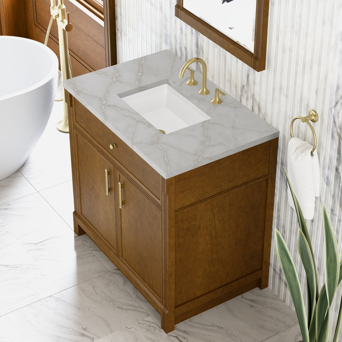 James Martin Vanities Bellshire 36" Honey Oak Single Vanity With 3 CM Victorian Silver Silestone Top