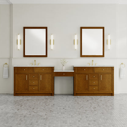 James Martin Vanities Bellshire 120" Honey Oak Dual Vanity Set With 3 cm Ethereal Noctis Silestone Top, FreePower Wireless Charger and 24" Make-Up Counter