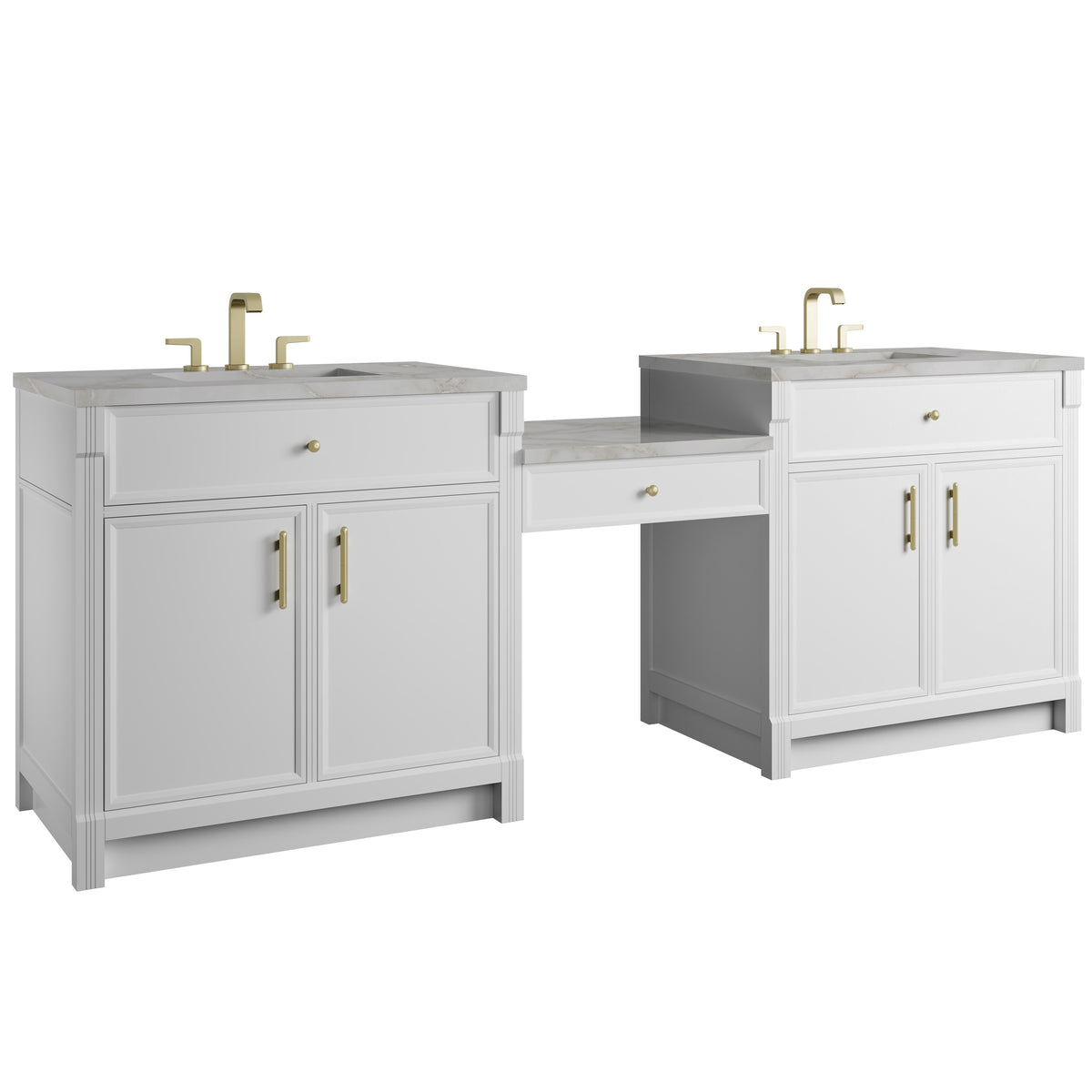 James Martin Vanities Bellshire 96" Bright White Dual Vanity Set With 3 cm Victorian Silver Silestone Top and 24" Make-Up Counter