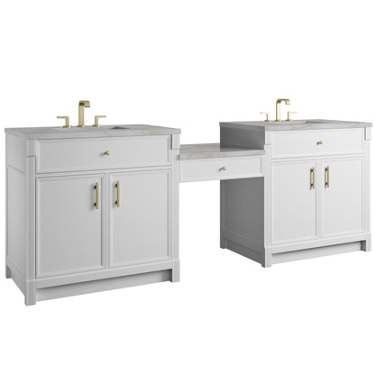 James Martin Vanities Bellshire 96" Bright White Dual Vanity Set With 3 cm Victorian Silver Silestone Top and 24" Make-Up Counter
