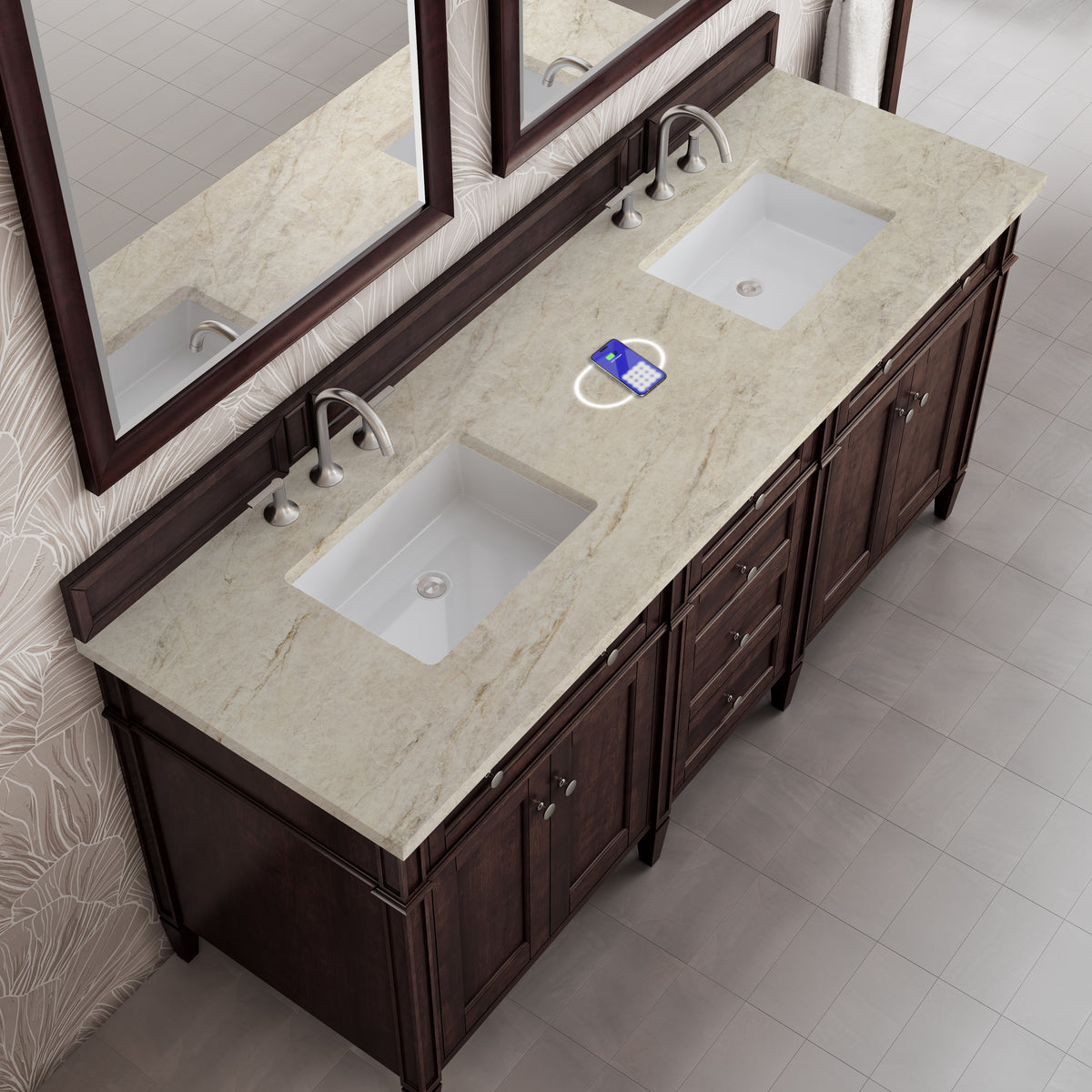 James Martin Vanities Brittany 72" Burnished Mahogany Double Vanity With 3 CM Tajnar Eclos Top and FreePower Wireless Charger