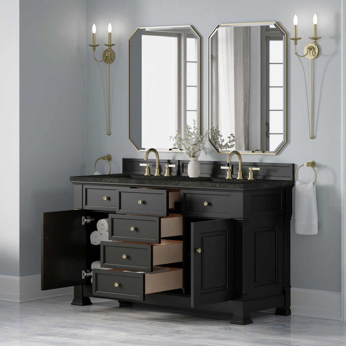 James Martin Vanities Brookfield 60" Black Onyx Double Vanity With 3 CM Phantome Eclos Top