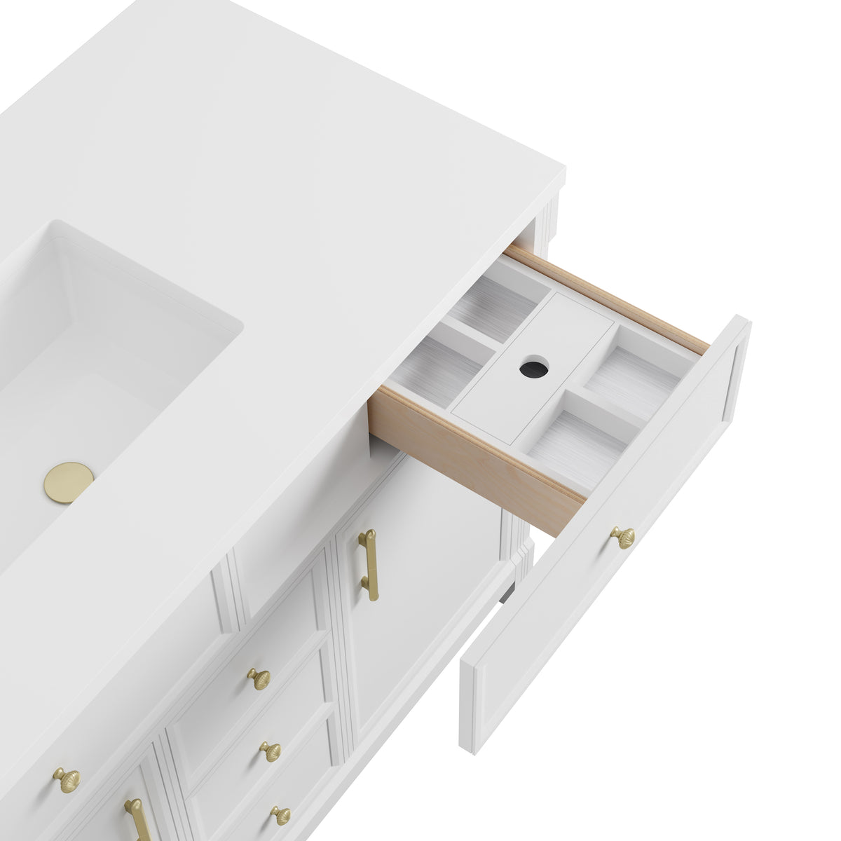 James Martin Vanities Bellshire 120" Bright White Dual Vanity Set With 3 cm White Zeus Silestone Top and 24" Make-Up Counter