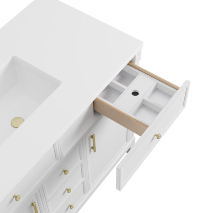 James Martin Vanities Bellshire 120" Bright White Dual Vanity Set With Single Hole 3 cm White Zeus Silestone Top, Backsplash and 24" Make-Up Counter