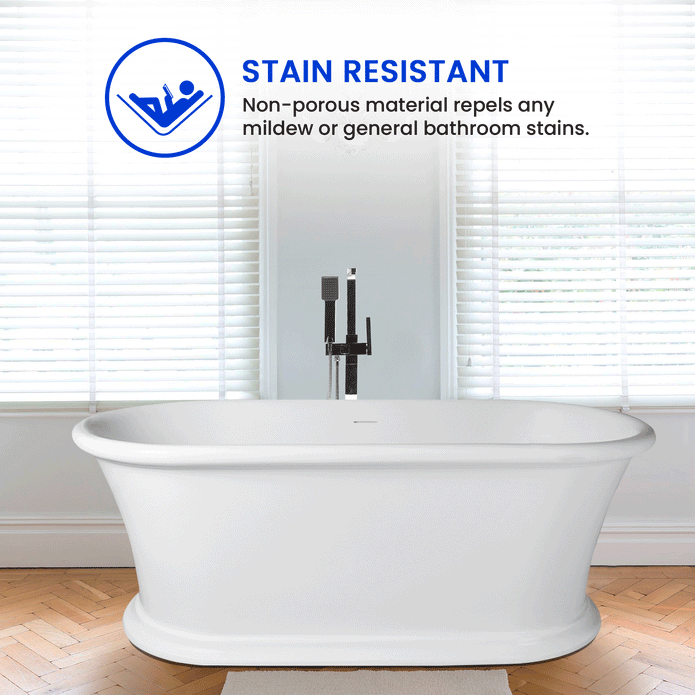 Vanity Art 61" Matte White Flatbottom Freestanding Solid Surface Resin Stone Bathtub With Slotted Overflow and Pop-up Drain
