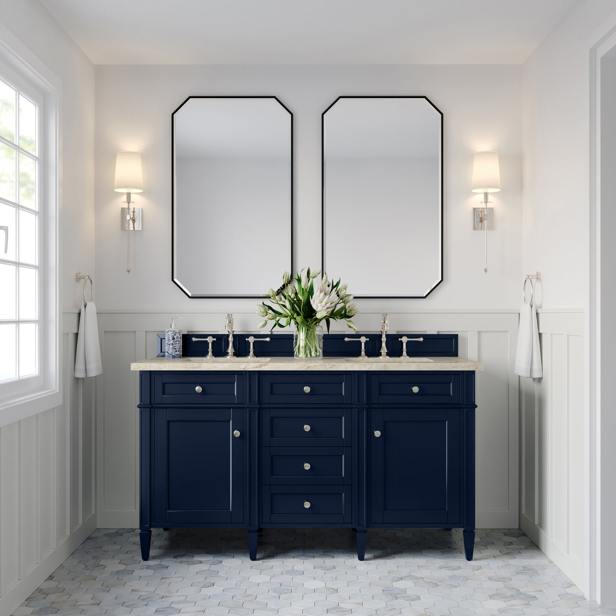 James Martin Vanities Brittany 60" Victory Blue Double Vanity With 3 CM Tajnar Eclos Top