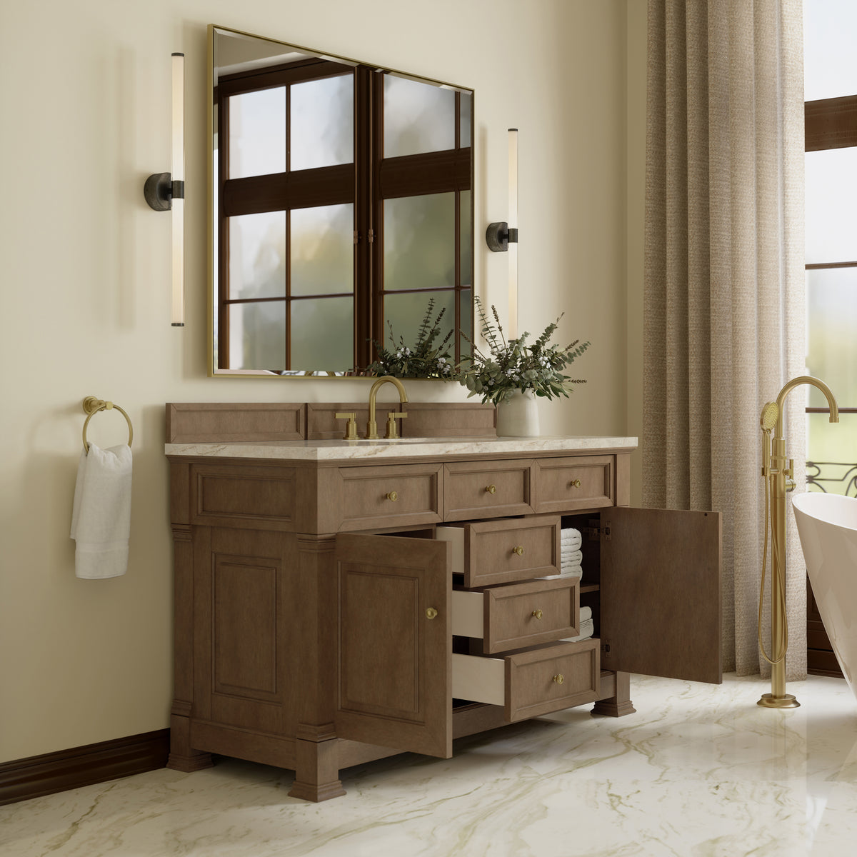 James Martin Vanities Brookfield 60" Pecan Single Vanity With 3 CM Tajnar Eclos Top and FreePower Wireless Charger