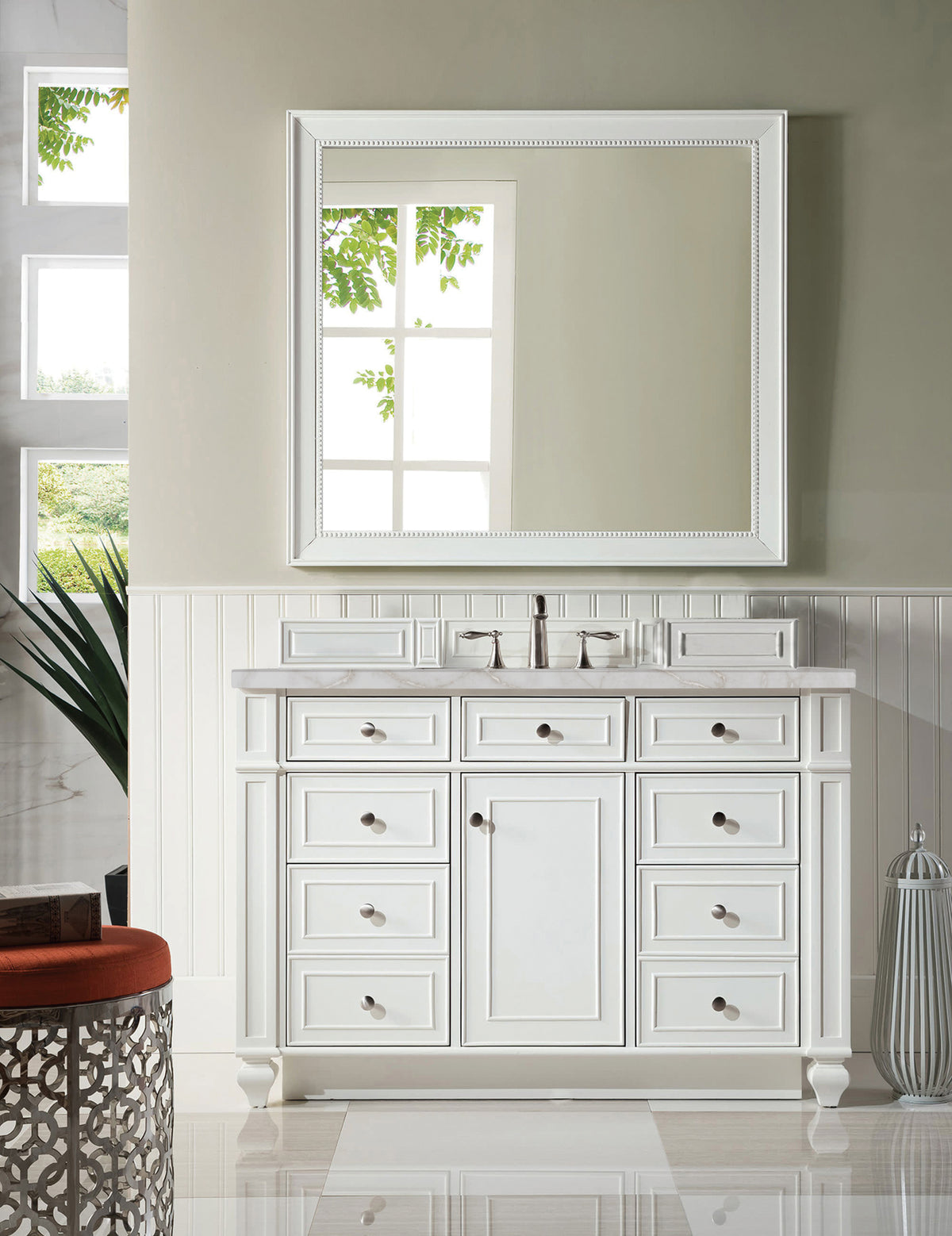 James Martin Vanities Bristol 48" Bright White Single Vanity With 3 CM Victorian Silver Silestone Top and FreePower Wireless Charger
