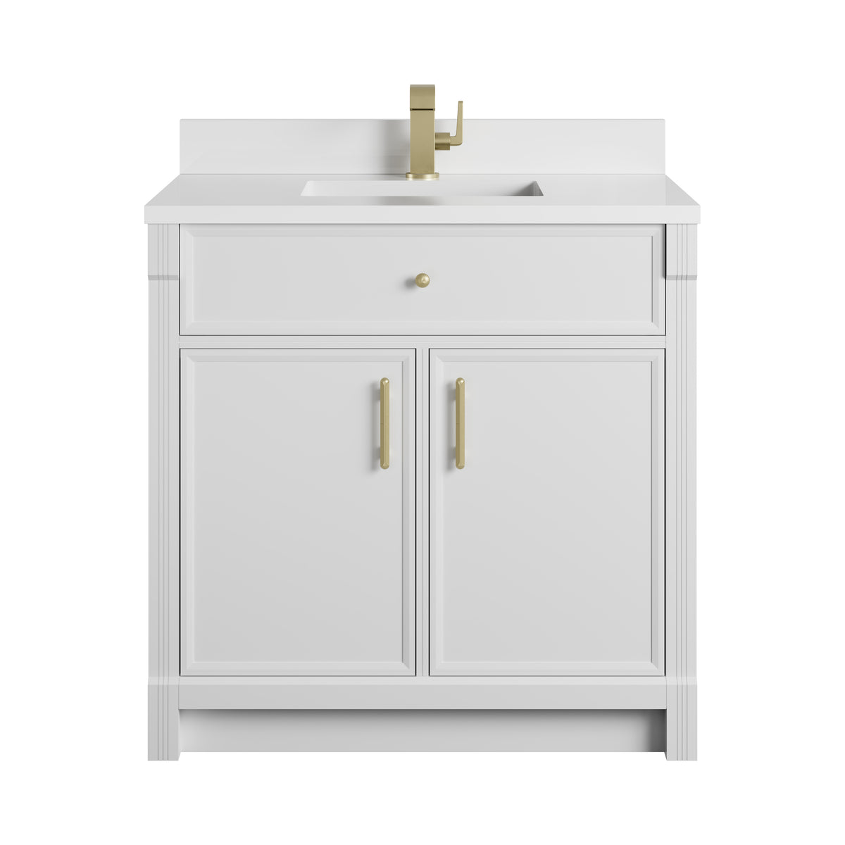 James Martin Vanities Bellshire 36" Bright White Single Vanity With Single Hole 3 CM White Zeus Silestone Top and Matching Backsplash
