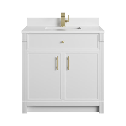 James Martin Vanities Bellshire 36" Bright White Single Vanity With Single Hole 3 CM White Zeus Silestone Top and Matching Backsplash