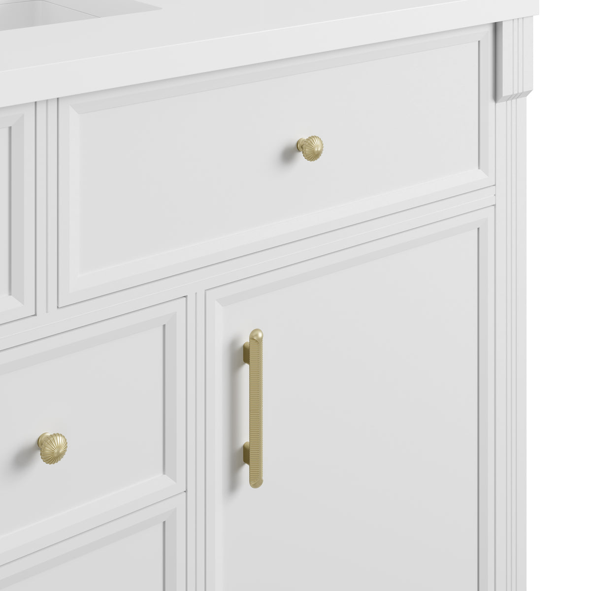 James Martin Vanities Bellshire 120" Bright White Dual Vanity Set With 3 cm White Zeus Silestone Top and 24" Make-Up Counter