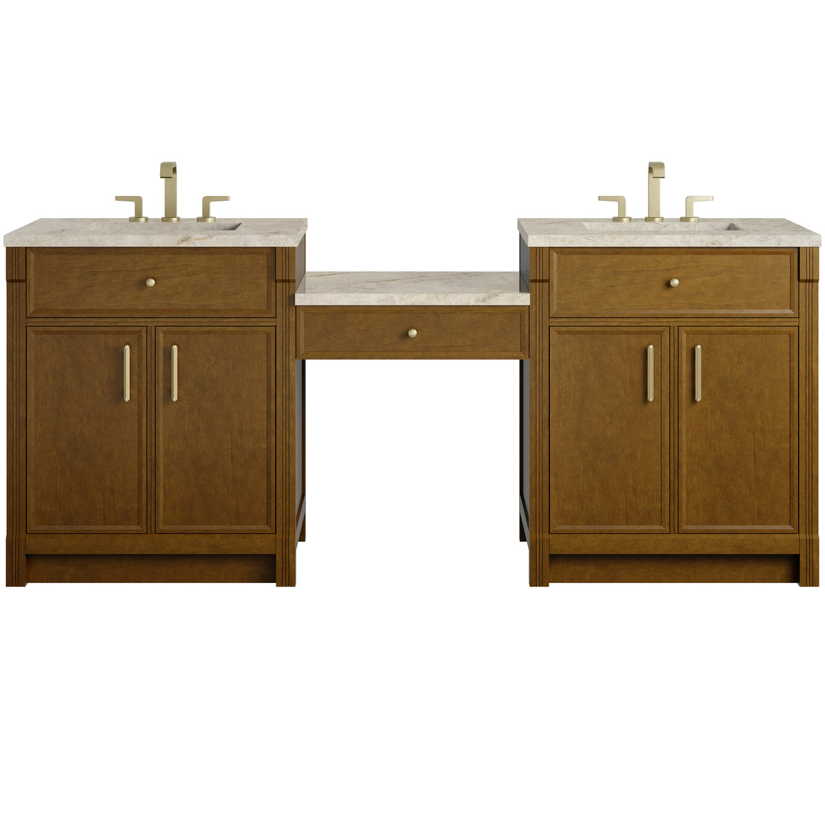 James Martin Vanities Bellshire 84" Honey Oak Dual Vanity Set With 3 cm Tajnar Eclos Top and 24" Make-Up Counter