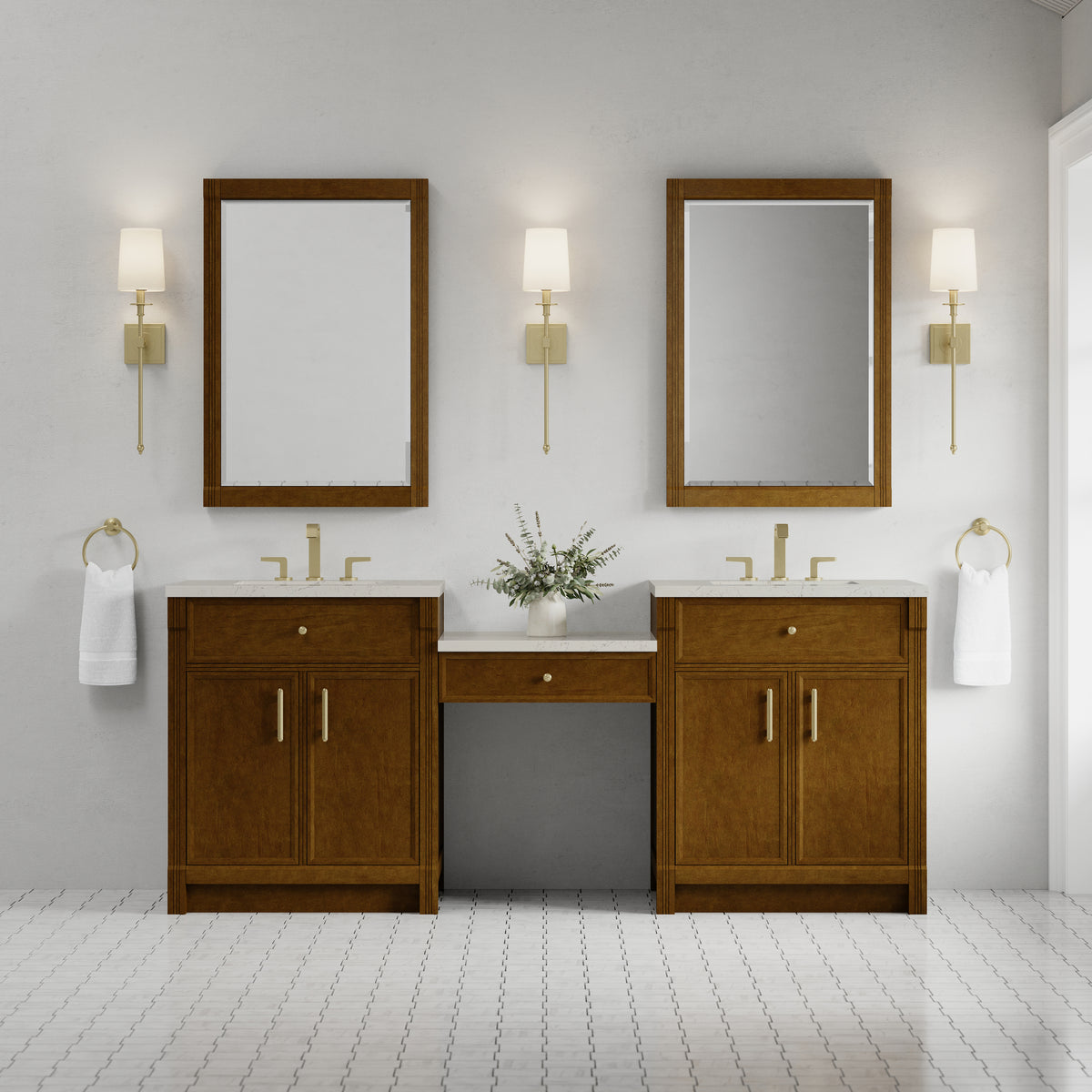 James Martin Vanities Bellshire 84" Honey Oak Dual Vanity Set With 3 cm Siberian Silestone Top and 24" Make-Up Counter
