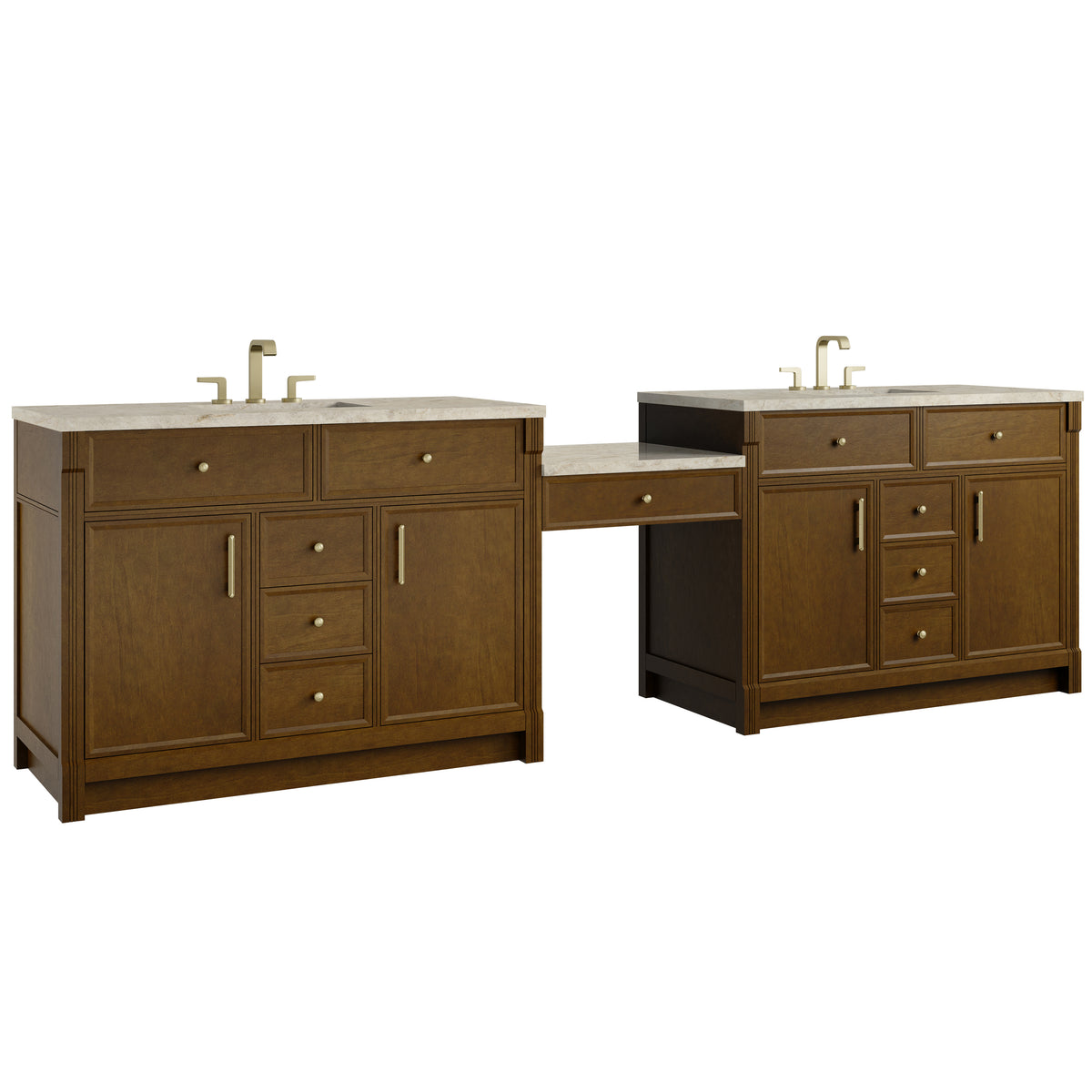 James Martin Vanities Bellshire 120" Honey Oak Dual Vanity Set With 3 cm Tajnar Eclos Top, FreePower Wireless Charger and 24" Make-Up Counter