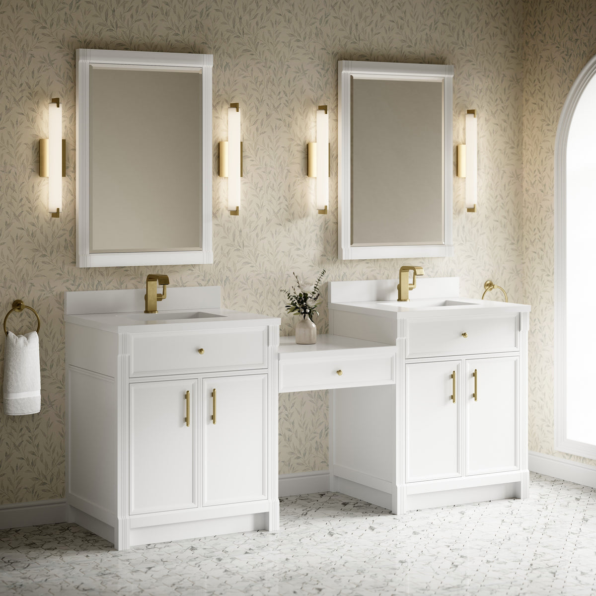James Martin Vanities Bellshire 84" Bright White Dual Vanity Set With Single Hole 3 cm White Zeus Silestone Top, Backsplash and 24" Make-Up Counter