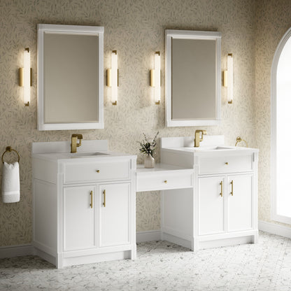 James Martin Vanities Bellshire 84" Bright White Dual Vanity Set With Single Hole 3 cm White Zeus Silestone Top, Backsplash and 24" Make-Up Counter