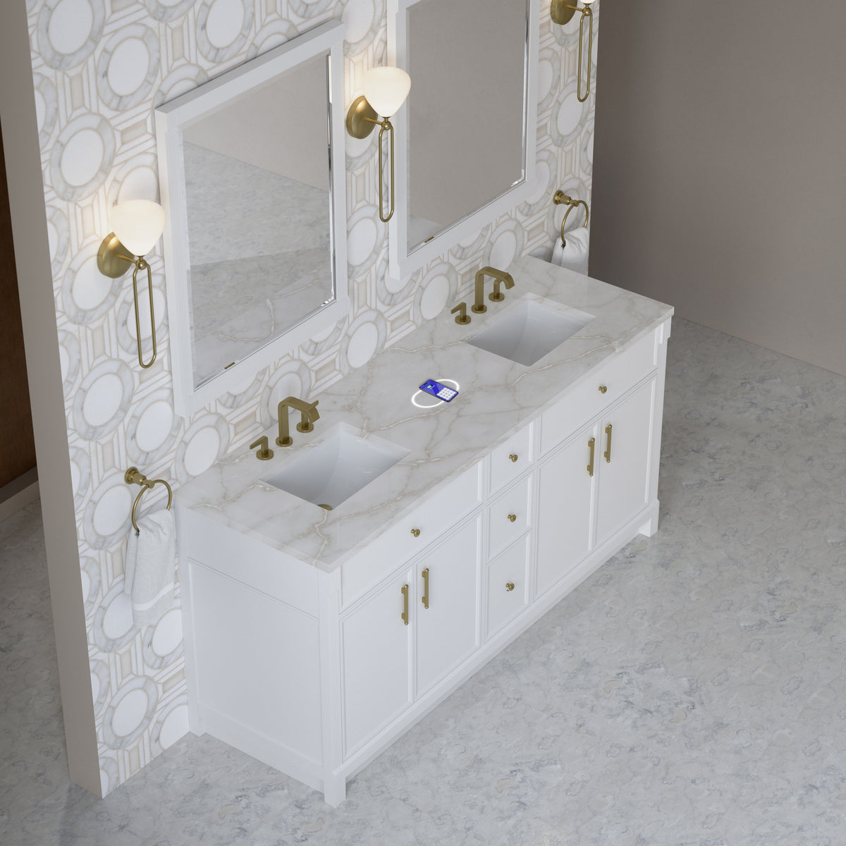 James Martin Vanities Bellshire 72" Bright White Double Vanity With 3 CM Victorian Silver Silestone Top and FreePower Wireless Charger
