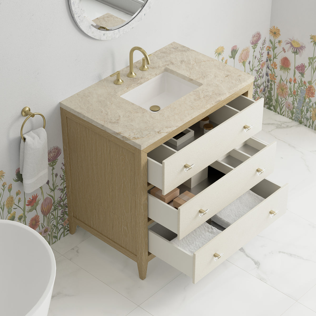 James Martin Vanities Celeste 36" Sunwashed Oak with Embossed Shagreen Single Vanity With 3 CM Tajnar Eclos Top