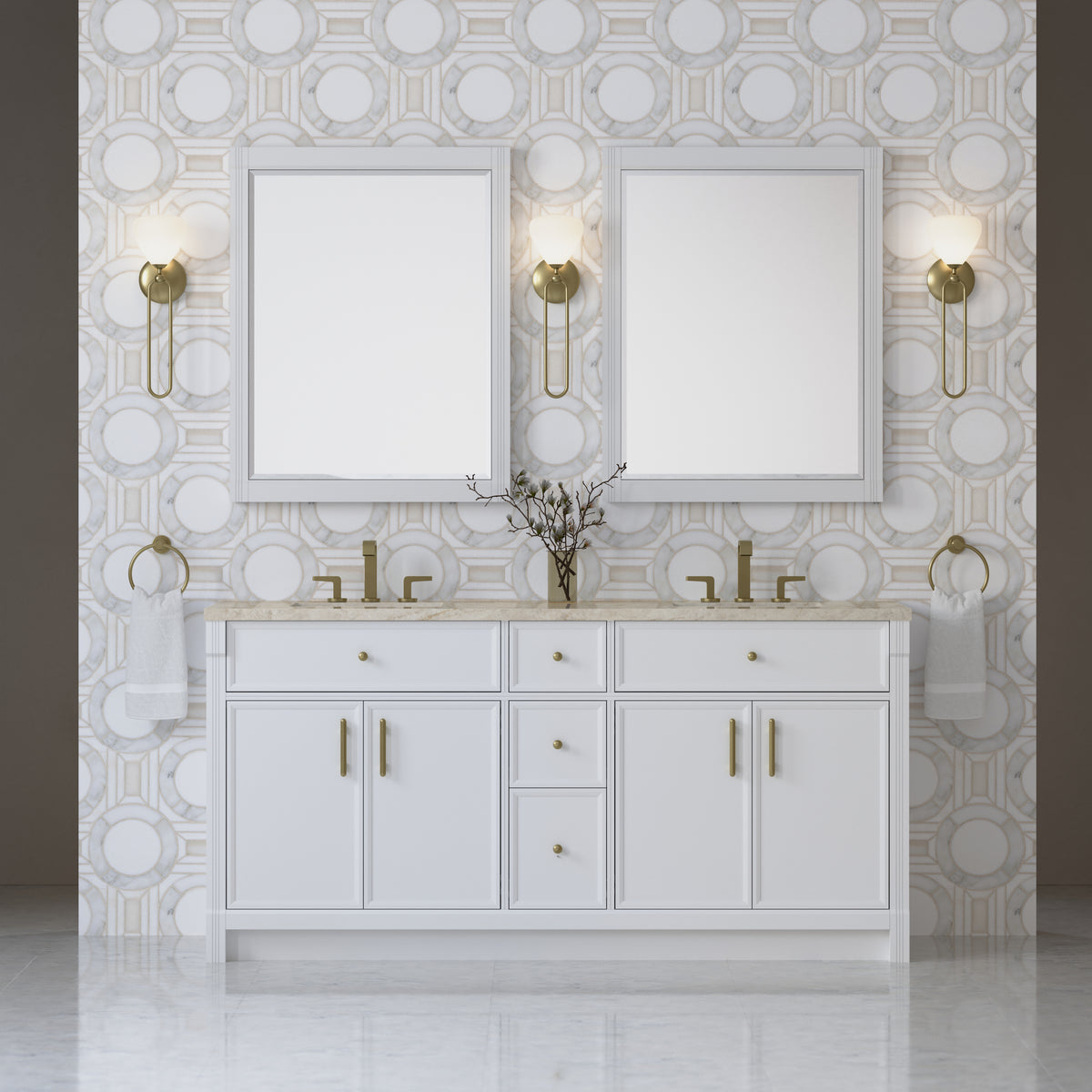 James Martin Vanities Bellshire 72" Bright White Double Vanity With 3 CM Tajnar Eclos Top and FreePower Wireless Charger