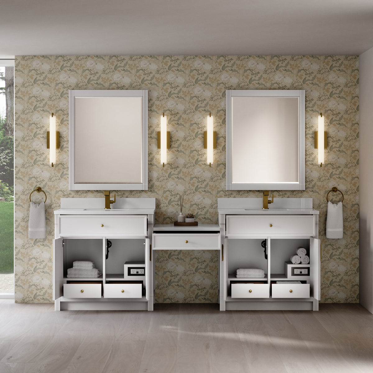 James Martin Vanities Bellshire 96" Bright White Dual Vanity Set With Single Hole 3 cm White Zeus Silestone Top, Backsplash and 24" Make-Up Counter