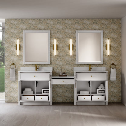 James Martin Vanities Bellshire 96" Bright White Dual Vanity Set With Single Hole 3 cm White Zeus Silestone Top, Backsplash and 24" Make-Up Counter