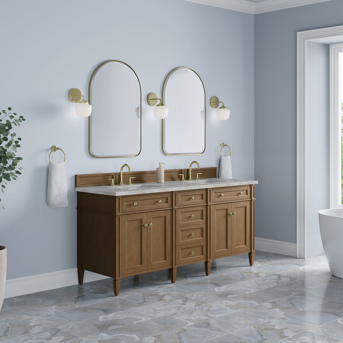 James Martin Vanities Brittany 72" Pecan Double Vanity With 3 CM Victorian Silver Silestone Top