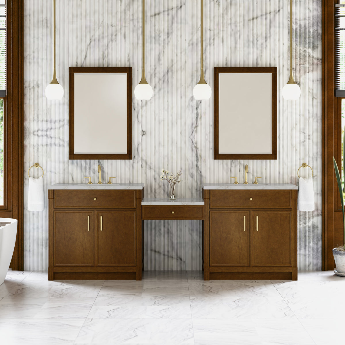James Martin Vanities Bellshire 96" Honey Oak Dual Vanity Set With 3 cm Victorian Silver Silestone Top and 24" Make-Up Counter