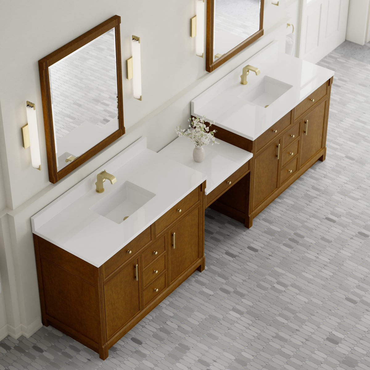 James Martin Vanities Bellshire 120" Honey Oak Dual Vanity Set WithSingle Hole 3 cm White Zeus Silestone Top & Backsplash and 24" Make-Up Counter