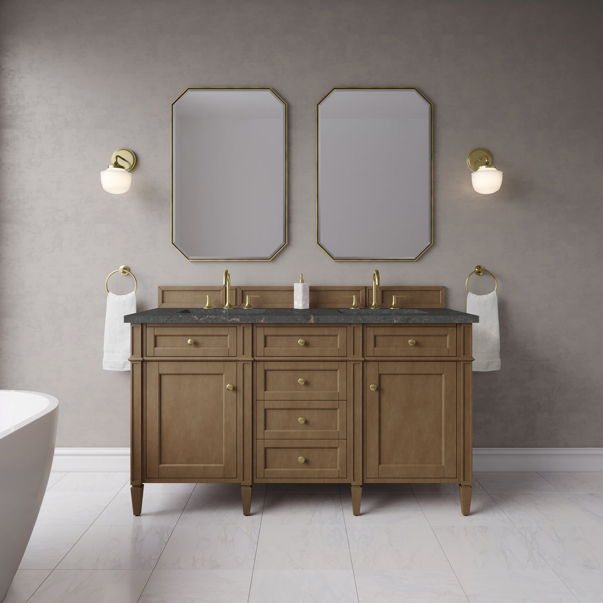 James Martin Vanities Brittany 60" Pecan Double Vanity With 3 CM Parisien Bleu Silestone Top