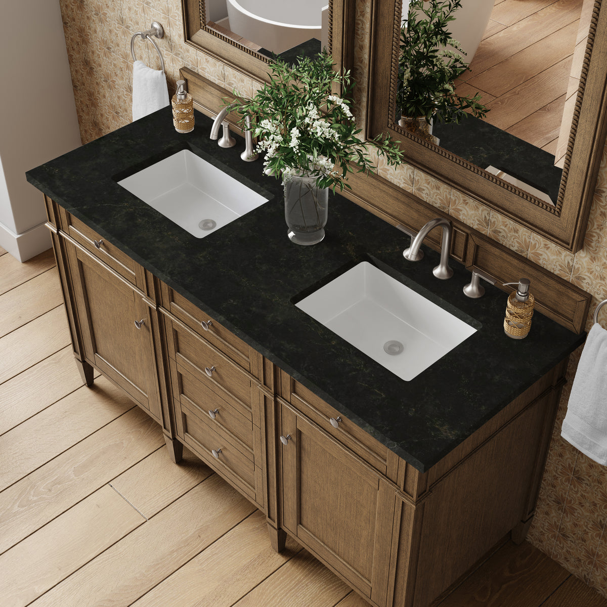 James Martin Vanities Brittany 60" Saddle Brown Double Vanity With 3 CM Phantome Eclos Top