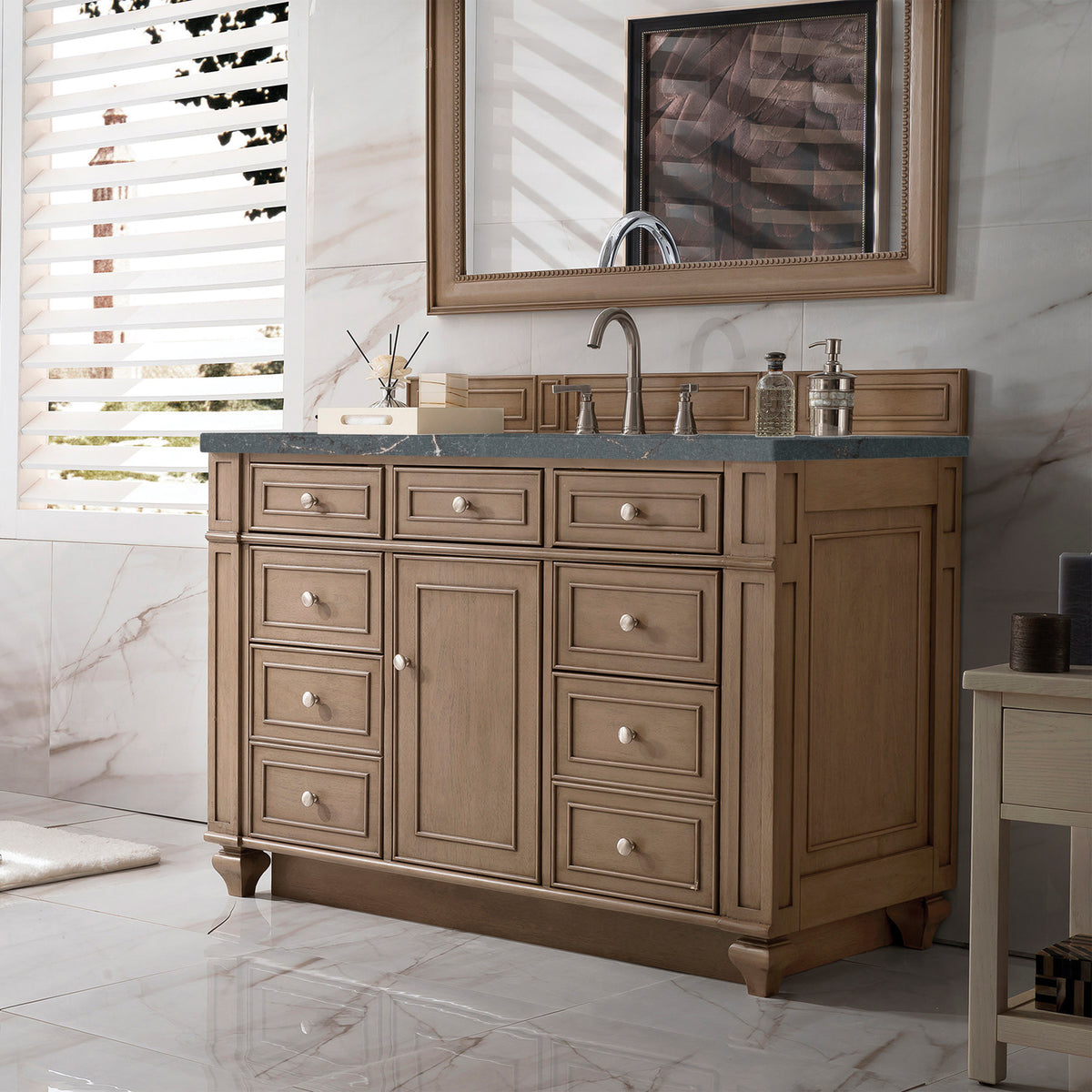 James Martin Vanities Bristol 48" Whitewashed Walnut Single Vanity With 3 CM Parisien Bleu Silestone Top and FreePower Wireless Charger