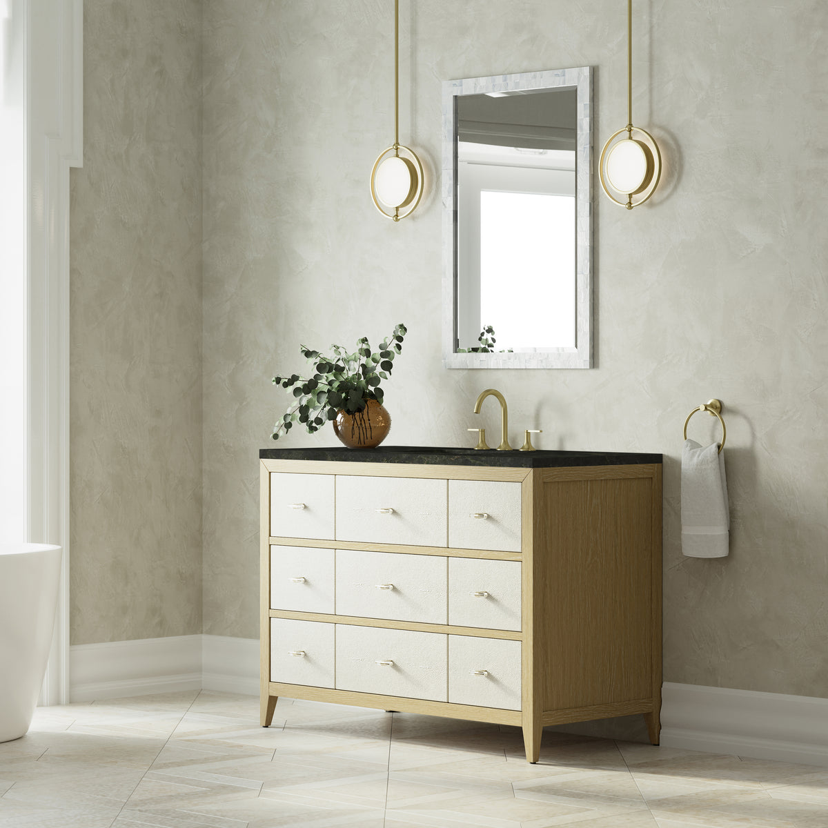 James Martin Vanities Celeste 48" Sunwashed Oak with Embossed Shagreen Single Vanity With 3 CM Phantome Eclos Top